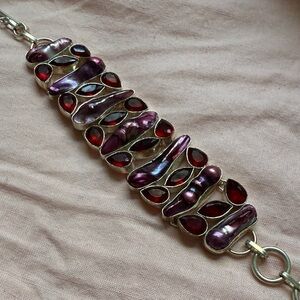 Real Biwa Pearls + Red Topaz Bracelet